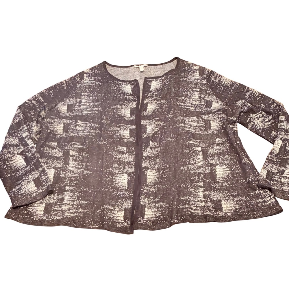 Eileen Fisher Organic Linen Crepe Knit Open Cardigan Black White Marled Size 3X
